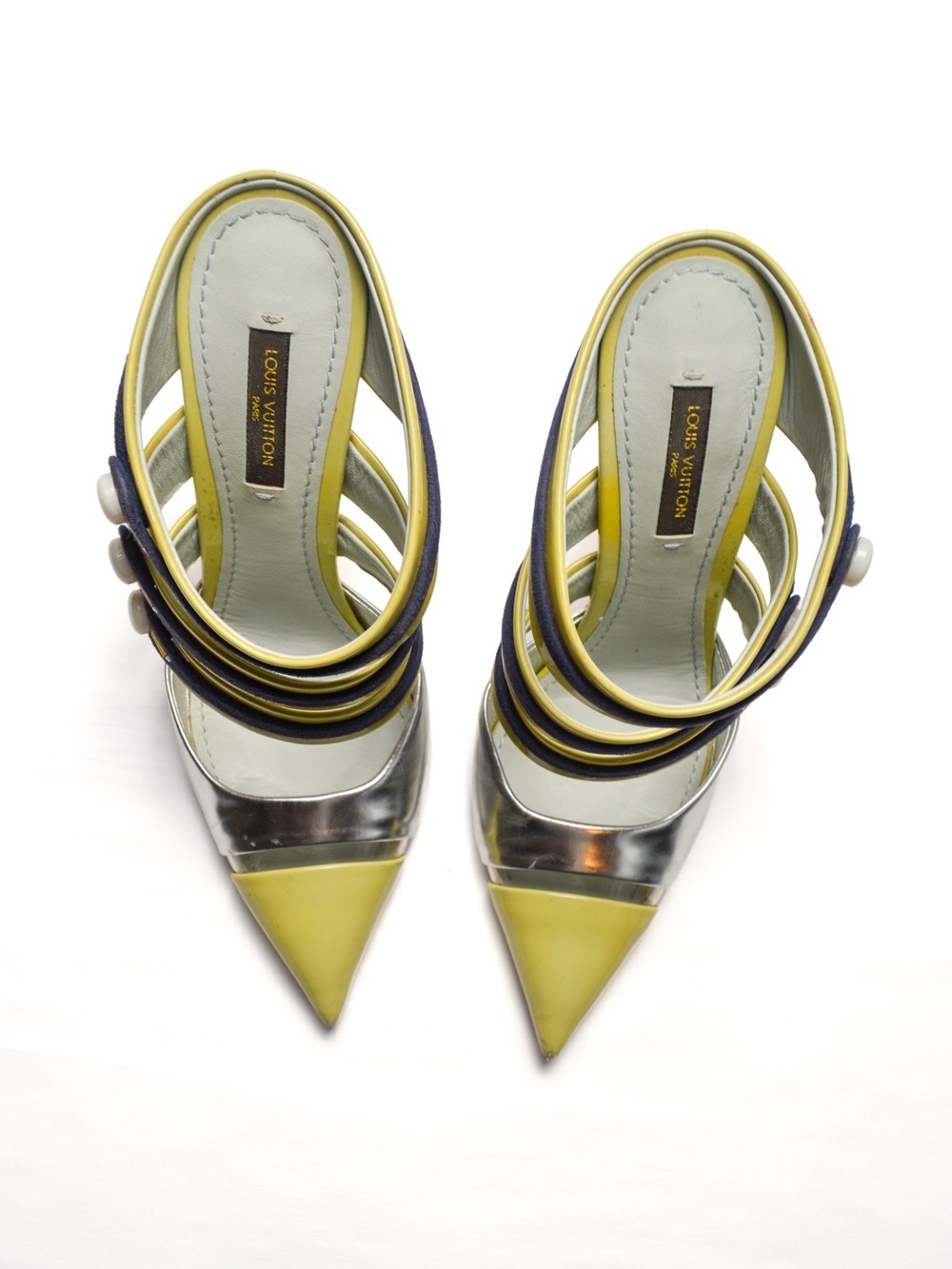 Louis Vuitton Yellow, Silver and Navy Pointed-Strap Heels